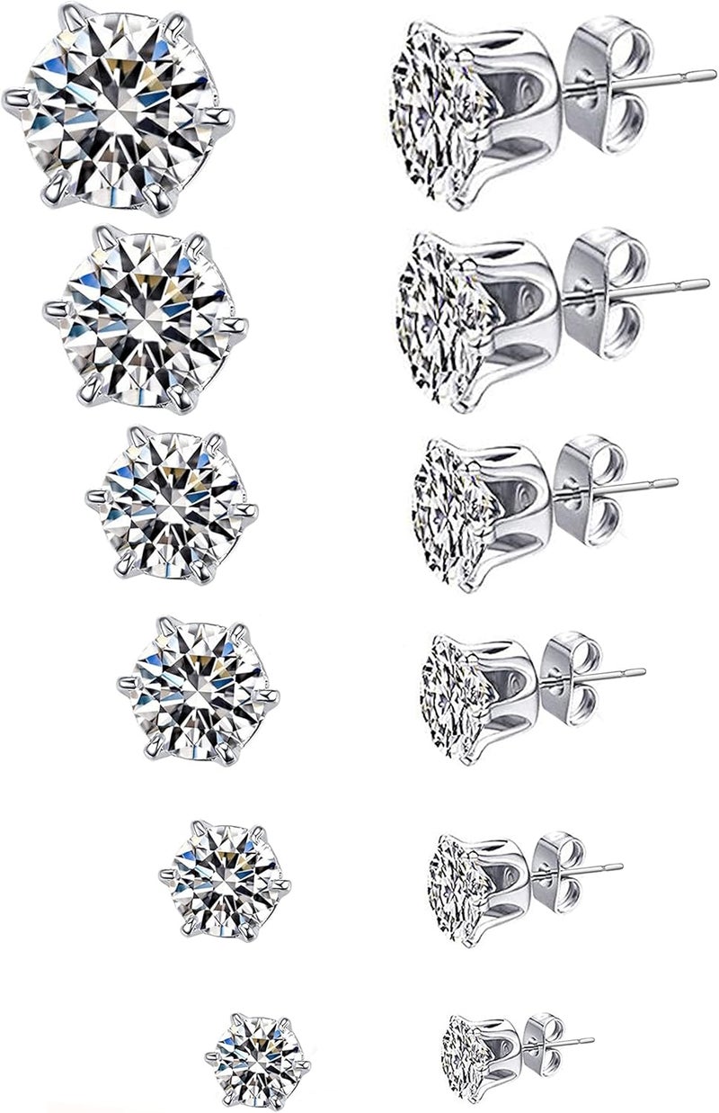 monochef 6 Pairs Stud Earrings Set, Hypoallergenic Clear Cubic Zirconia 316L Earrings Stainless Steel CZ Earrings for Women for Men 3-8mm, silver - Image 1